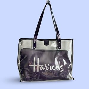 Harrods Clear Shopper Tote with Purple Detachable Silver Glitter Logo Pouch
